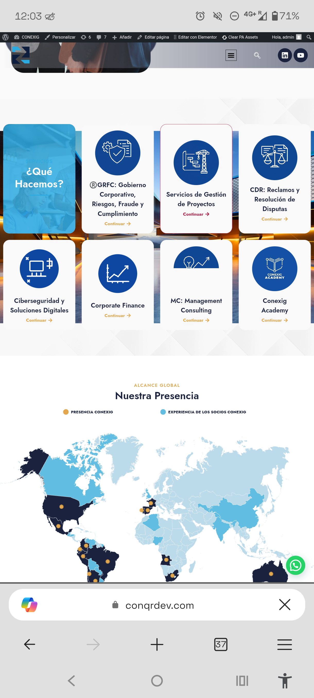 Cuadrícula de 8 líneas de servicio y mapa de presencia mundial distinguiendo oficinas propias de experiencia de socios