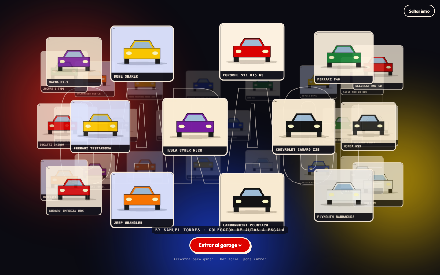 Intro 3D de GARAGE: autos de mi colección flotando en un cilindro