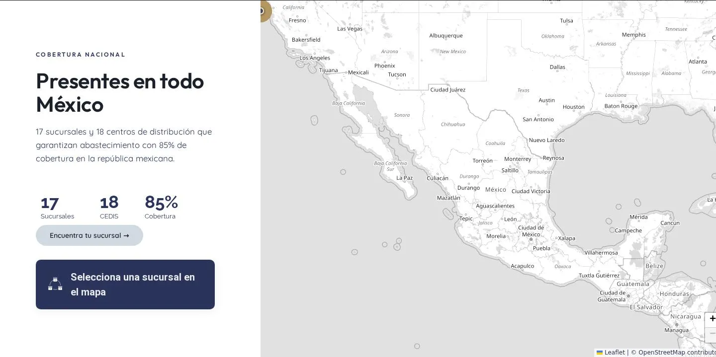 Mapa de cobertura nacional de Grupac con 17 sucursales y 18 centros de distribución