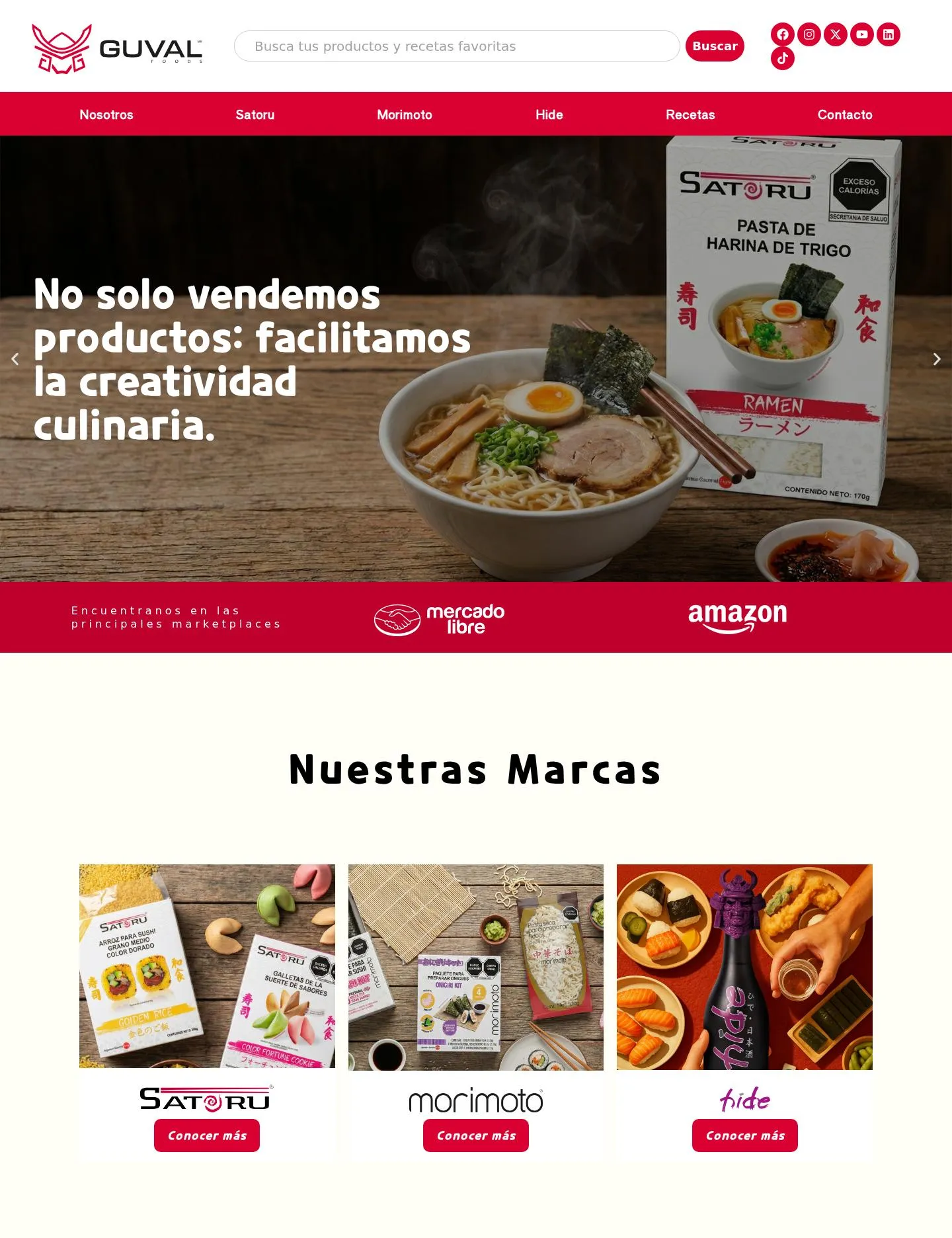 Página de inicio de Guval con ramen y el empaque de Satoru