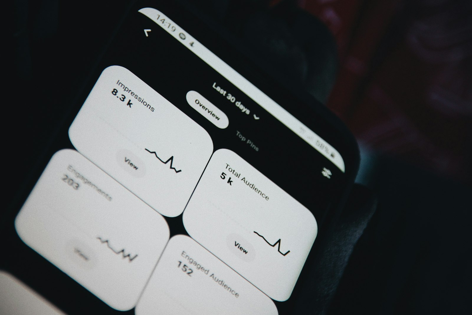 Dashboard de analítica en modo oscuro en la pantalla de un teléfono, representando la vista de métricas de una plataforma de bienestar